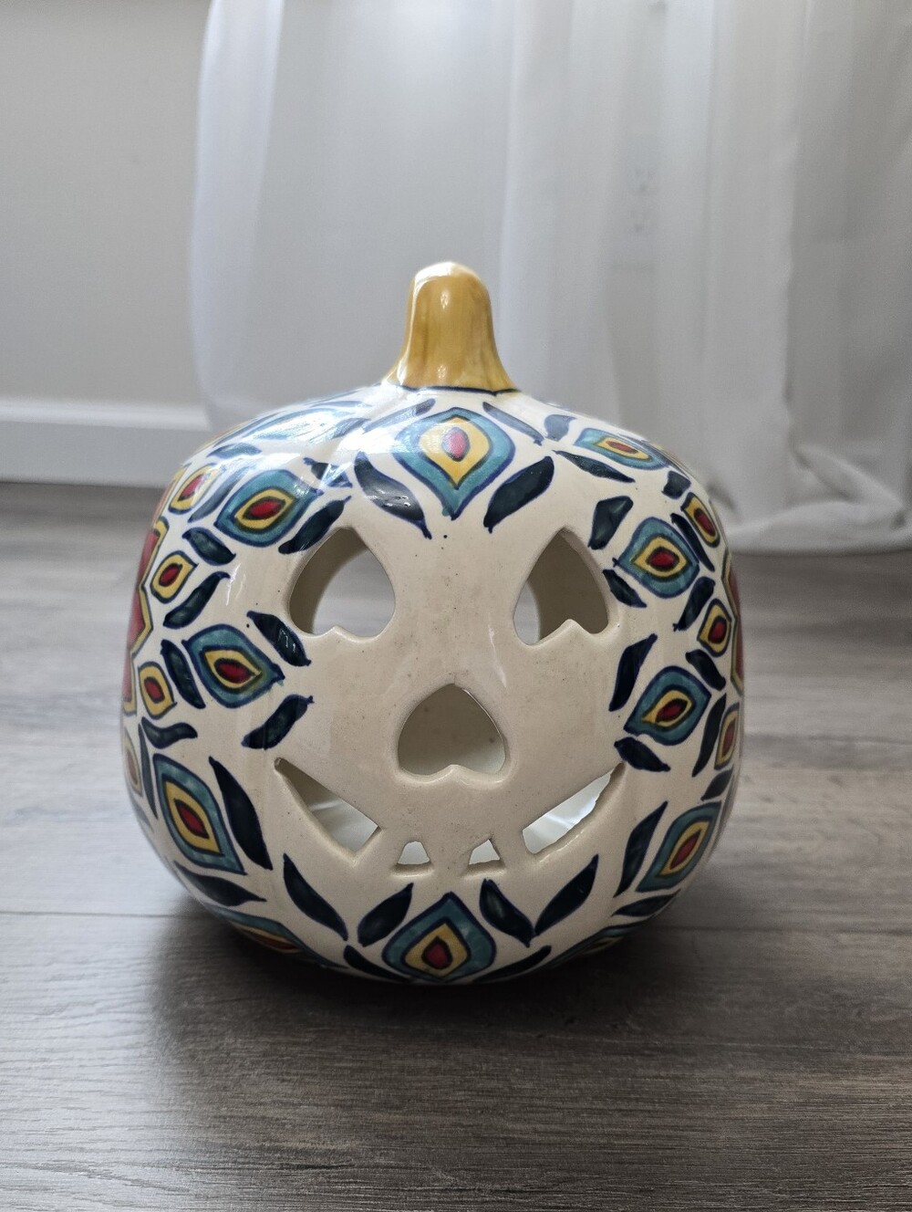 Ceramic Cut Out Jack O Lantern Folk Art Candle Holder Fall Halloween Decor